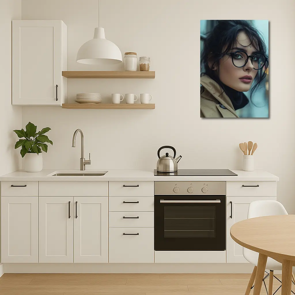 Dark Haired Woman Glasses City Background – Wall Art