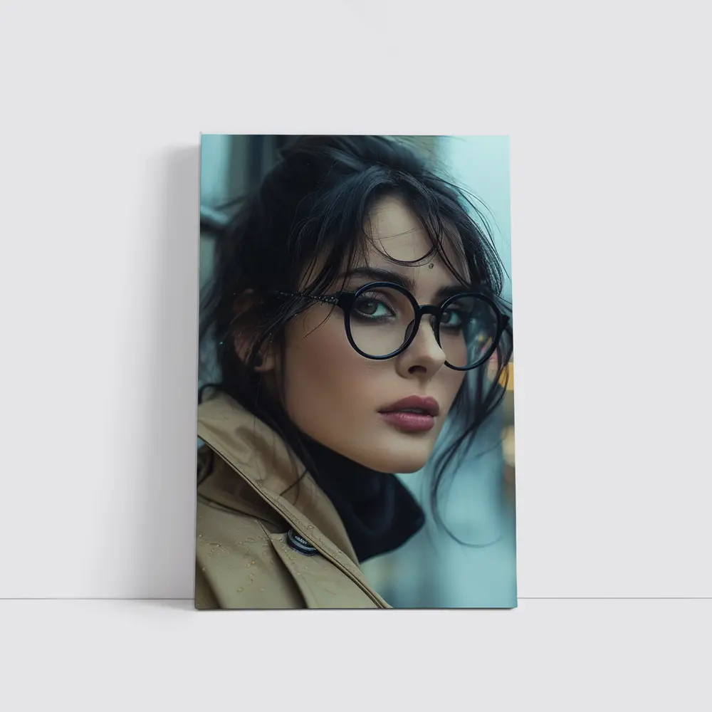 Dark Haired Woman Glasses City Background – Wall Art