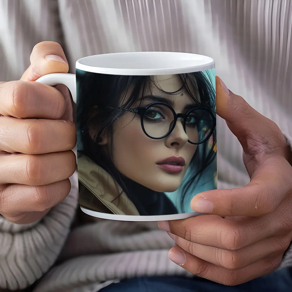 Dark Haired Woman Glasses City Background – Mugs