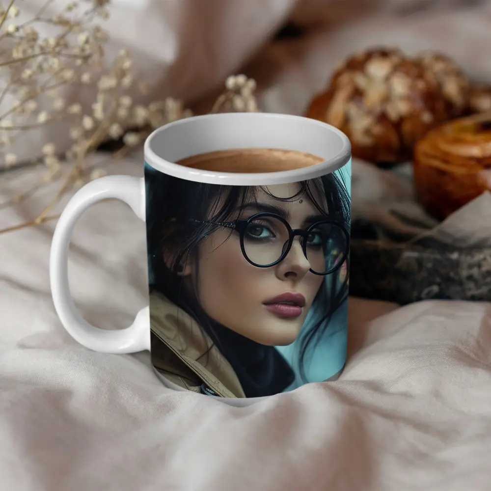 Dark Haired Woman Glasses City Background – Mugs