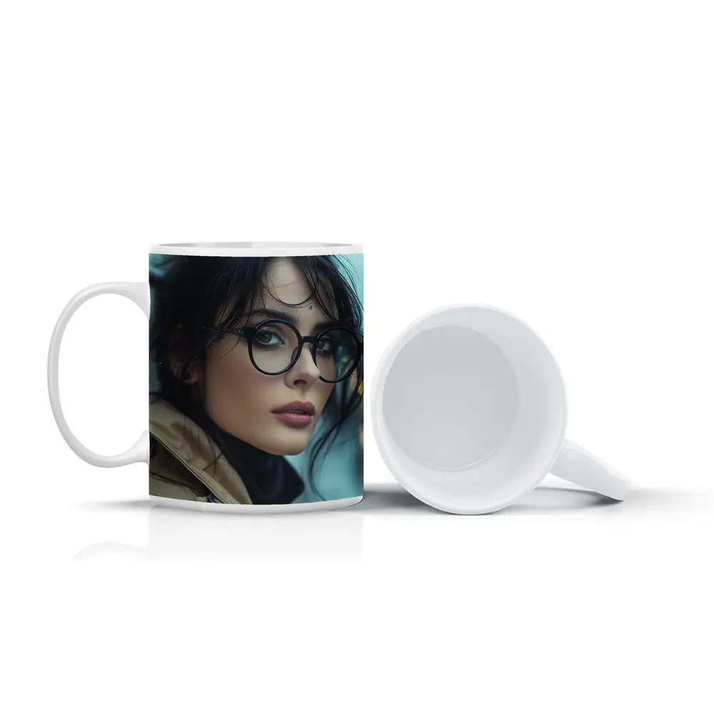 Dark Haired Woman Glasses City Background – Mugs