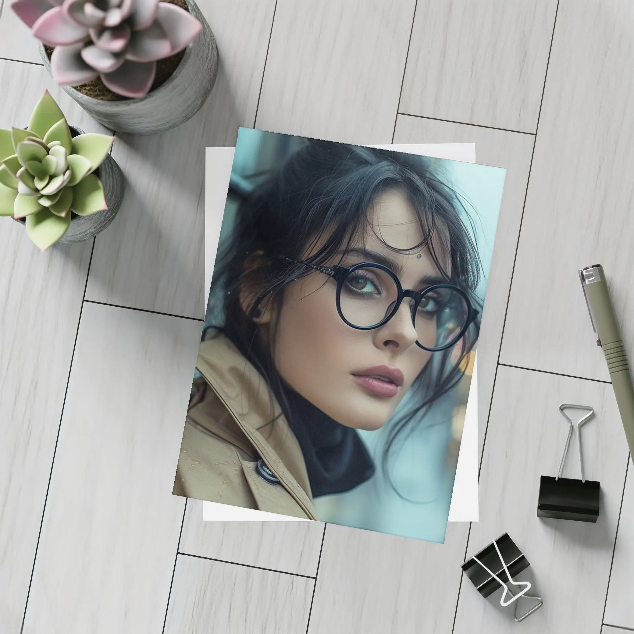 Dark Haired Woman Glasses City Background – Postcards