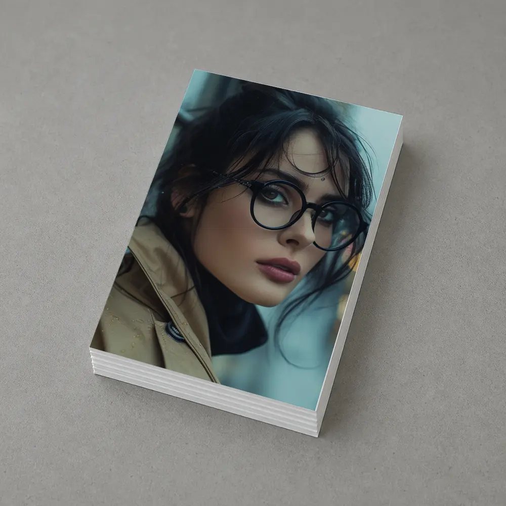 Dark Haired Woman Glasses City Background – Postcards