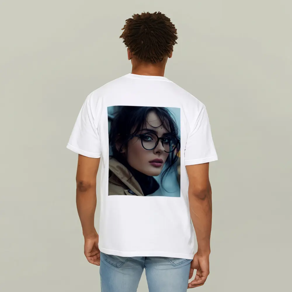 Dark Haired Woman Glasses City Background – T-Shirts
