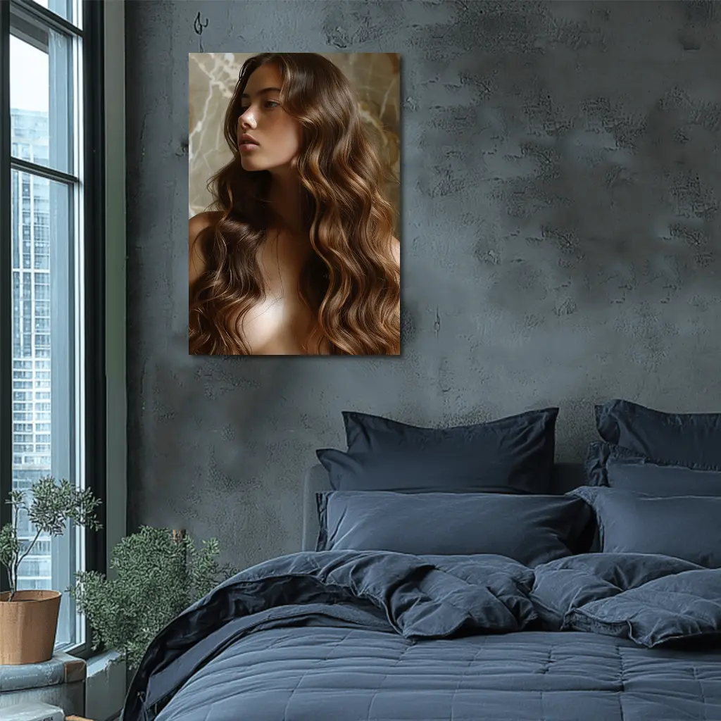 Woman Long Wavy Brown Hair Marble Background – Wall Art