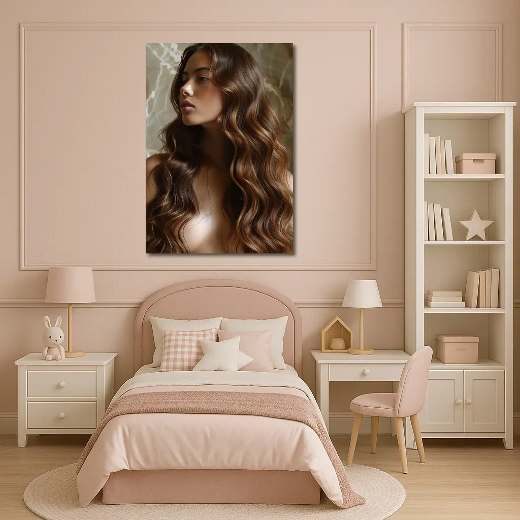 Woman Long Wavy Brown Hair Marble Background – Wall Art