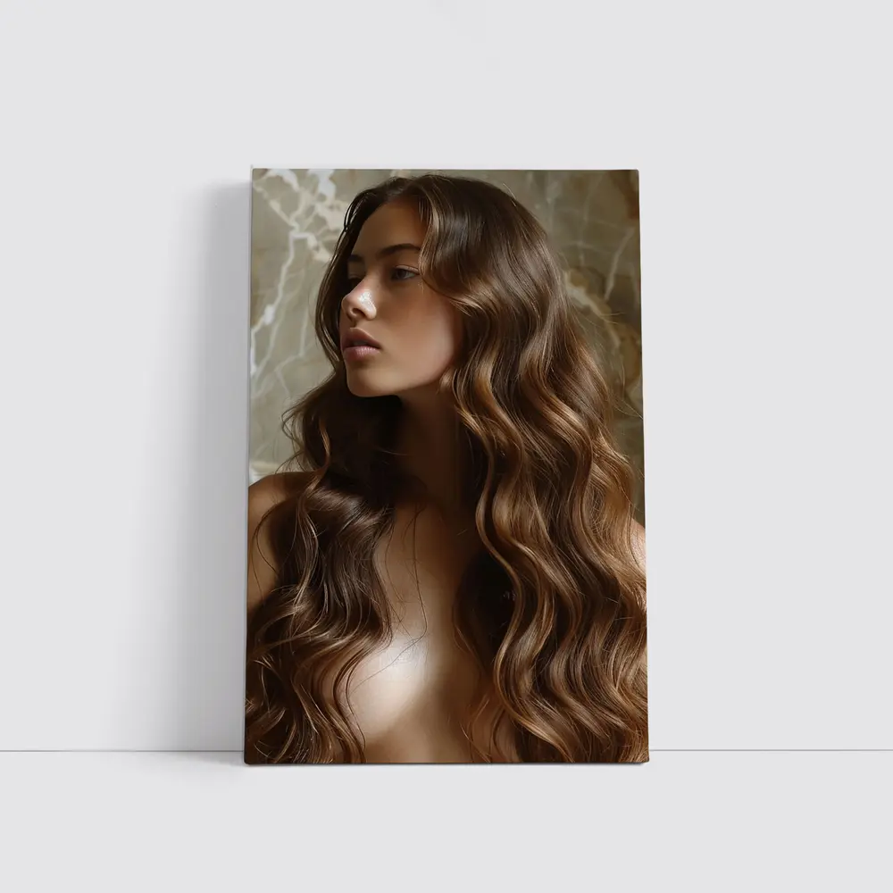 Woman Long Wavy Brown Hair Marble Background – Wall Art