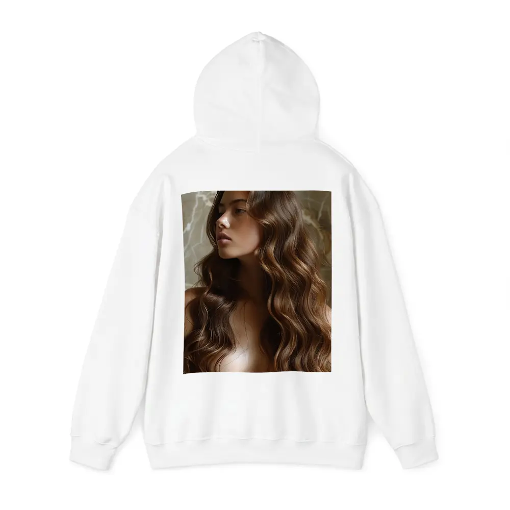 Woman Long Wavy Brown Hair Marble Background – Hoodies