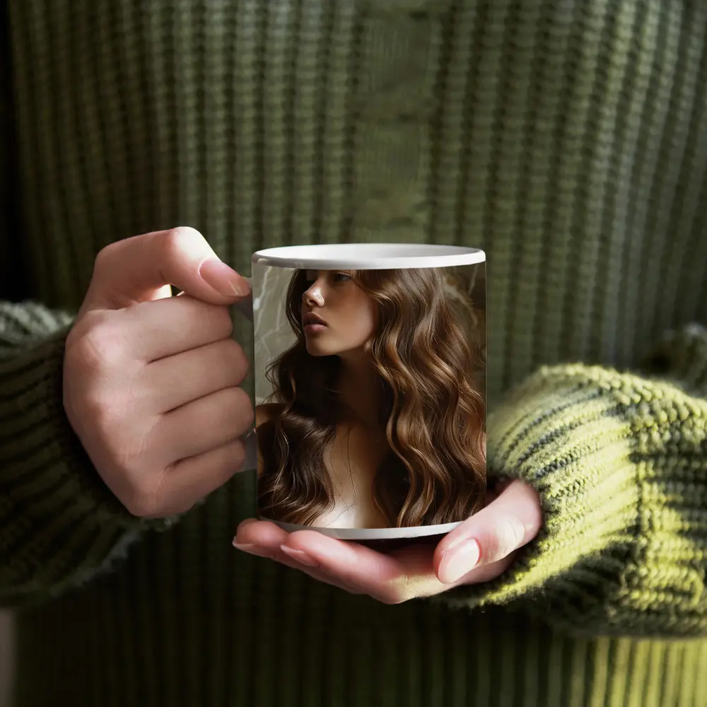 Woman Long Wavy Brown Hair Marble Background – Mugs