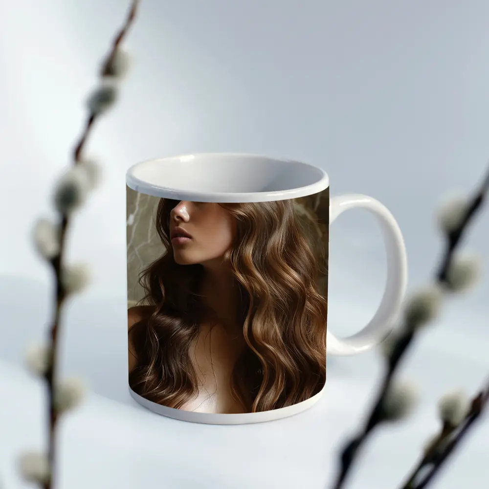 Woman Long Wavy Brown Hair Marble Background – Mugs