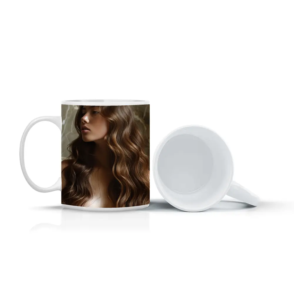 Woman Long Wavy Brown Hair Marble Background – Mugs