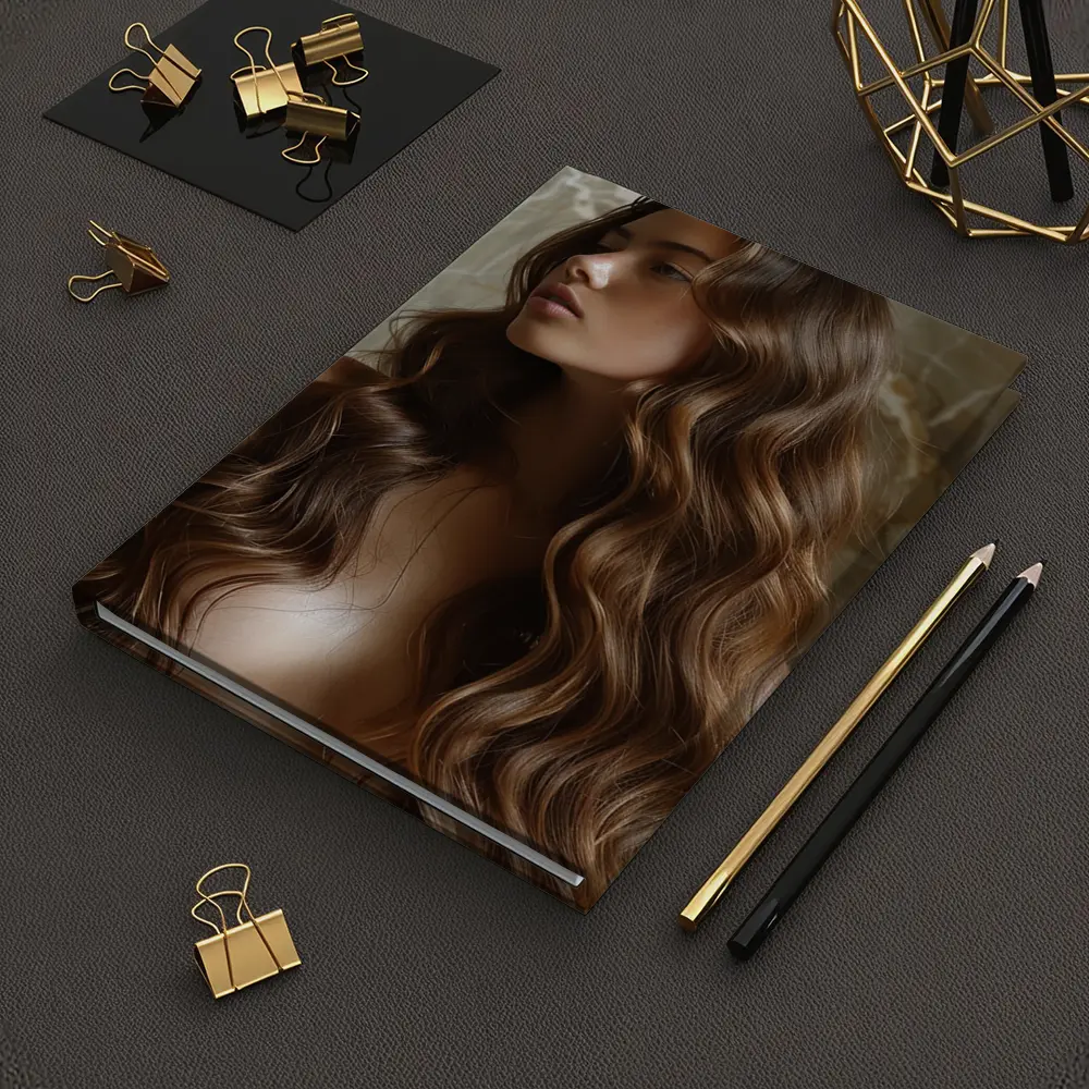 Woman Long Wavy Brown Hair Marble Background – Notebooks