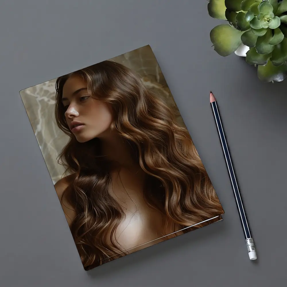 Woman Long Wavy Brown Hair Marble Background – Notebooks