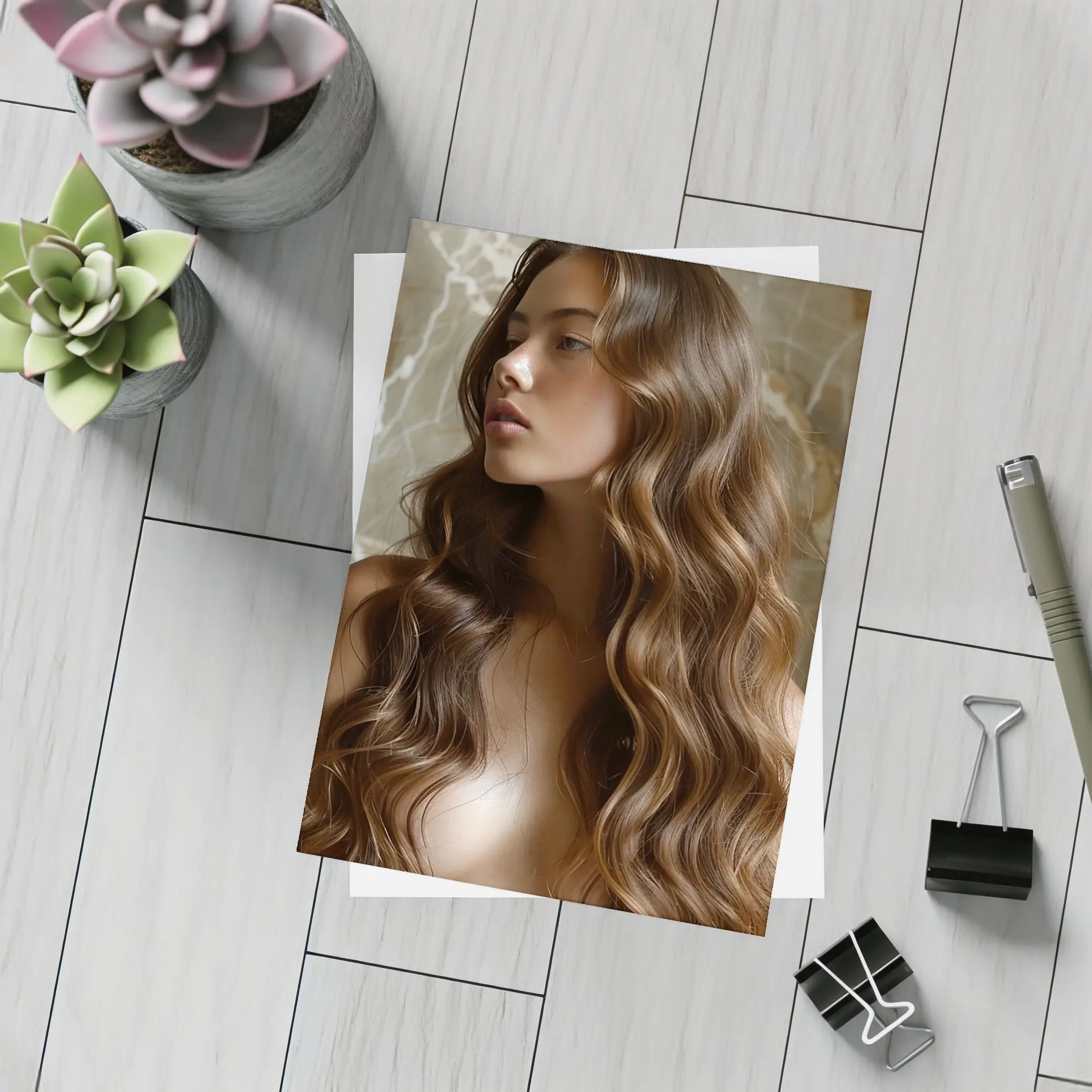 Woman Long Wavy Brown Hair Marble Background – Postcards