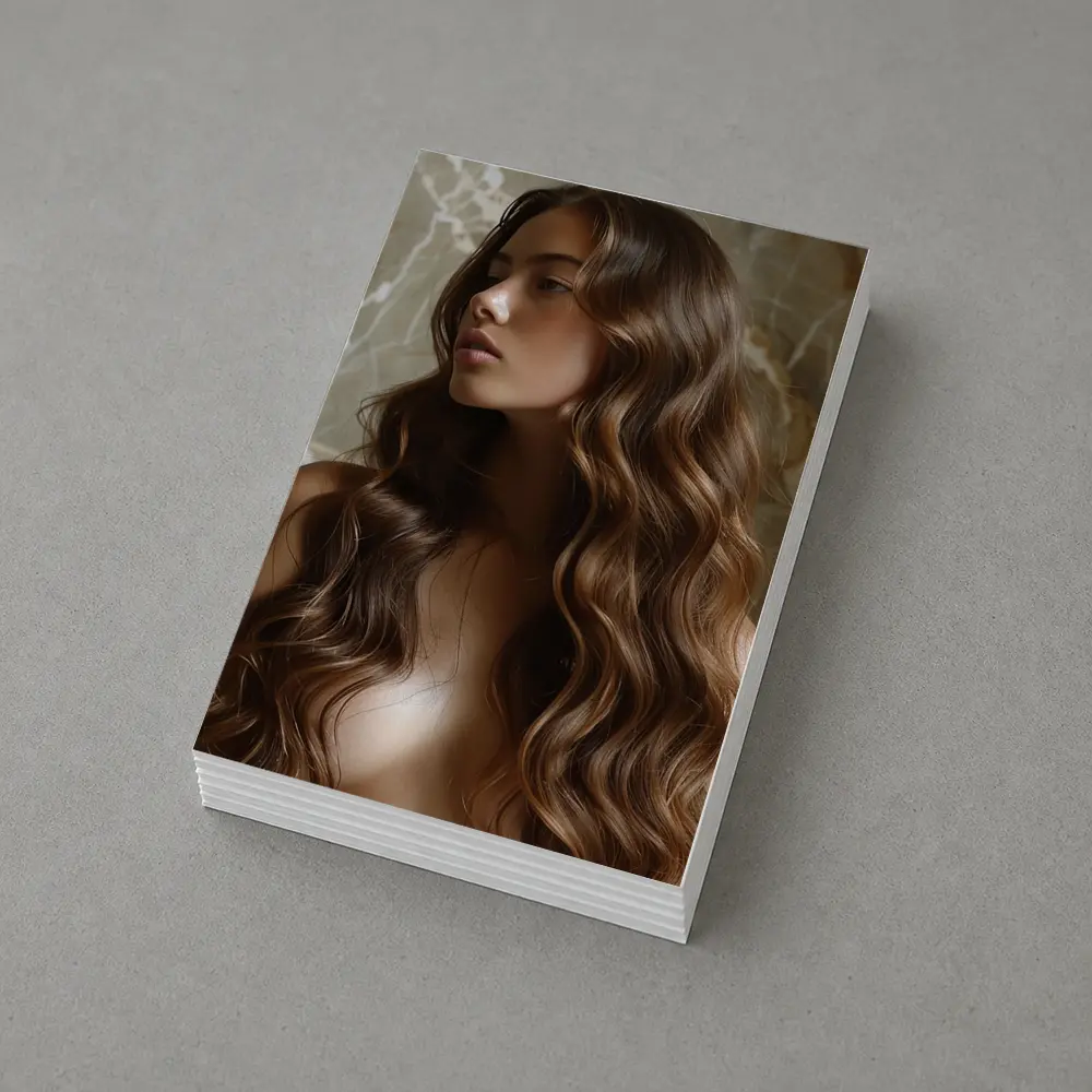 Woman Long Wavy Brown Hair Marble Background – Postcards