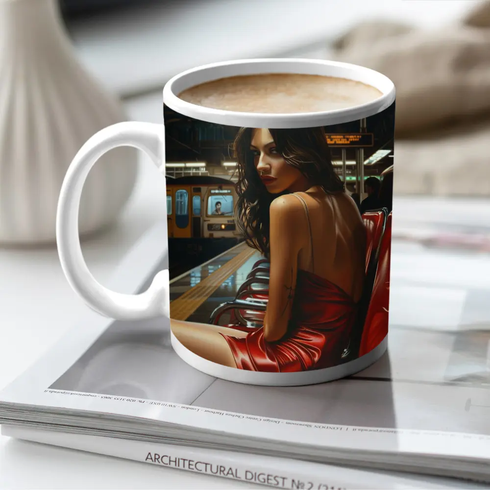 Woman Red Dress Subway Station Platform Art – Mugs