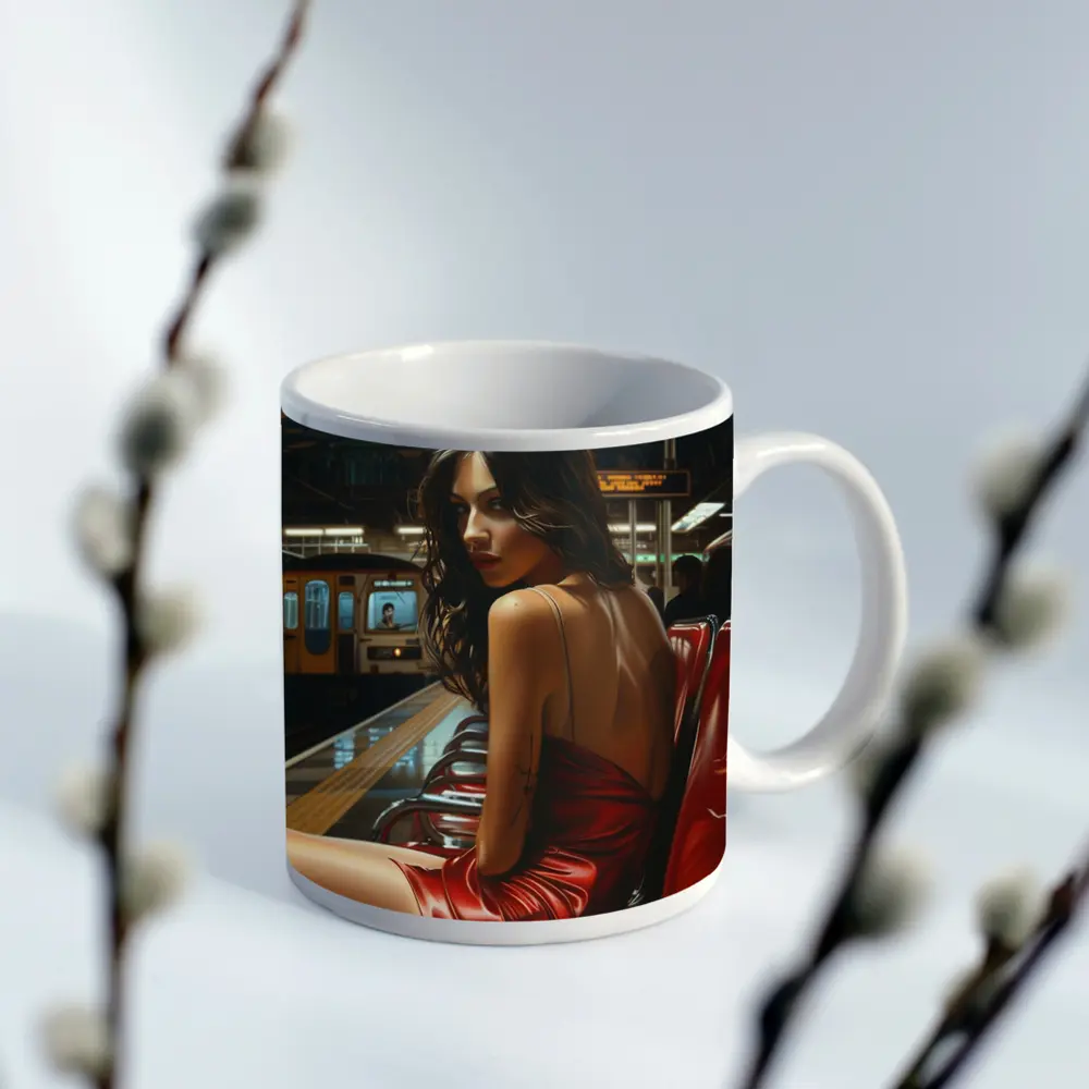 Woman Red Dress Subway Station Platform Art – Mugs