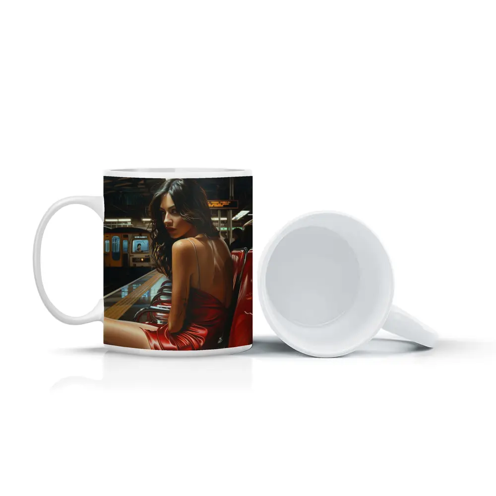 Woman Red Dress Subway Station Platform Art – Mugs