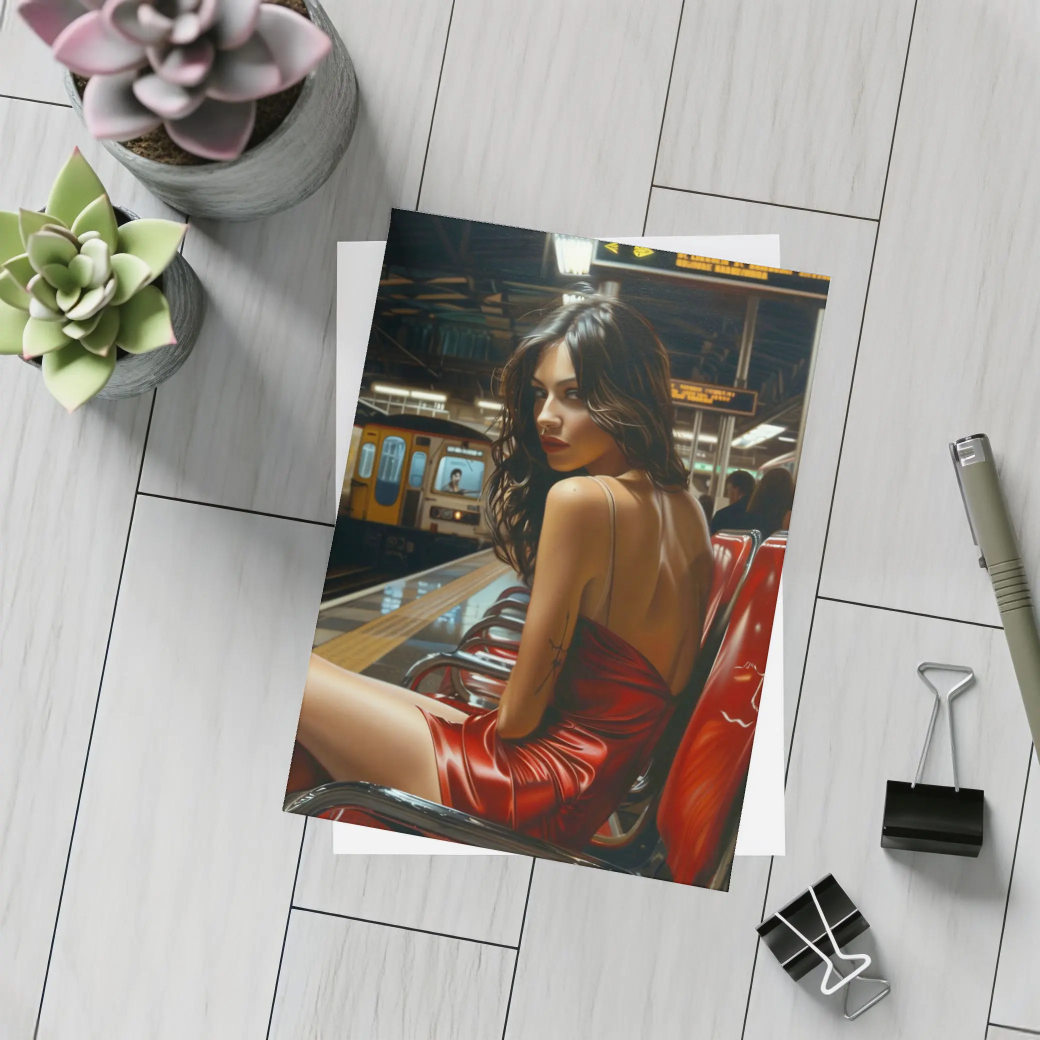 Woman Red Dress Subway Station Platform Art – Postcards