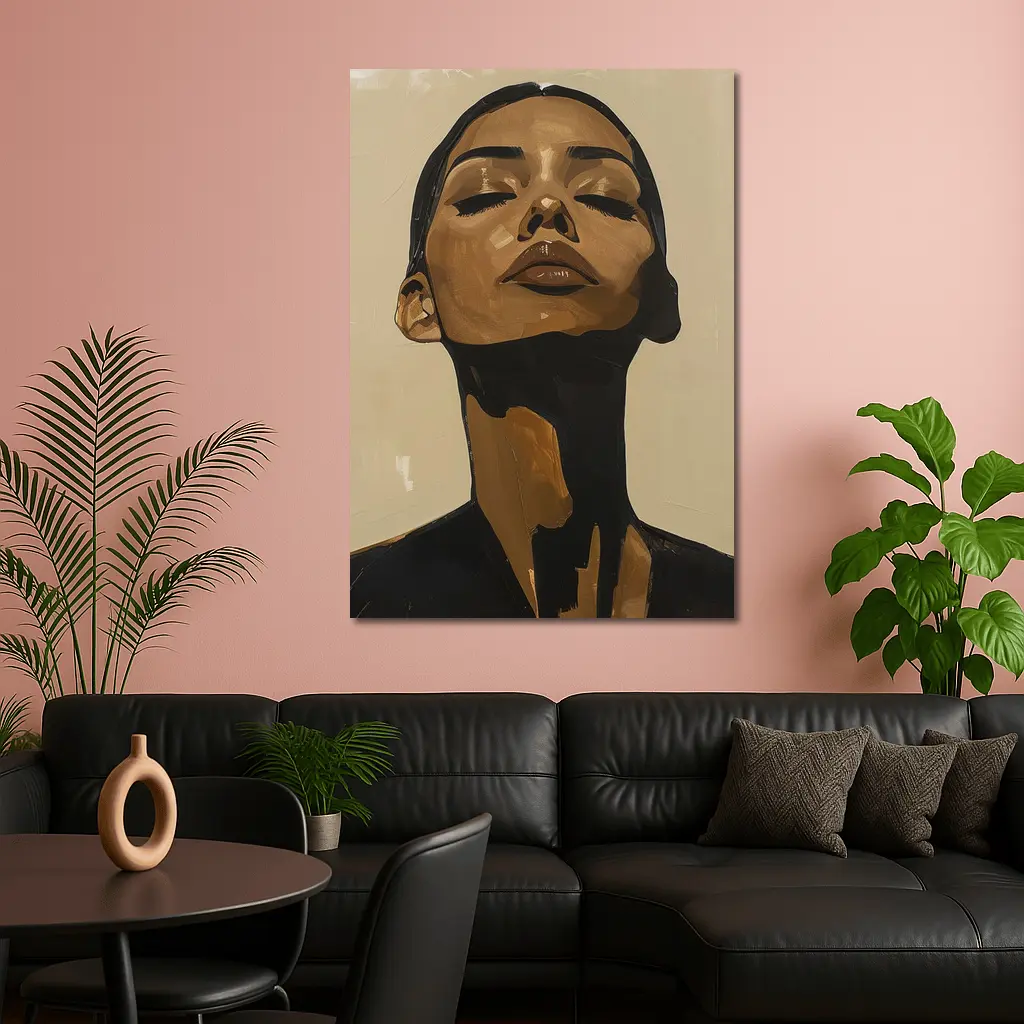 Woman Eyes Closed Beige Abstract Portrait Painting – Wall Art