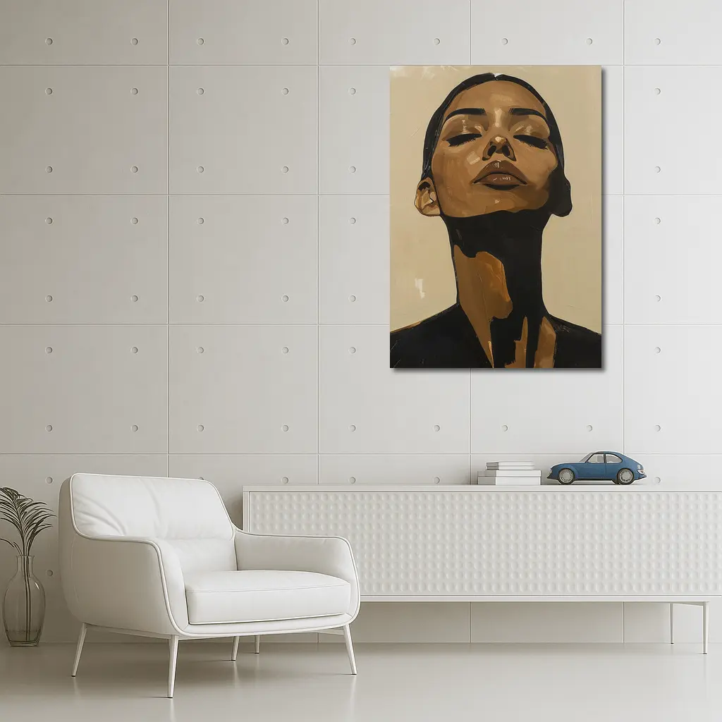 Woman Eyes Closed Beige Abstract Portrait Painting – Wall Art
