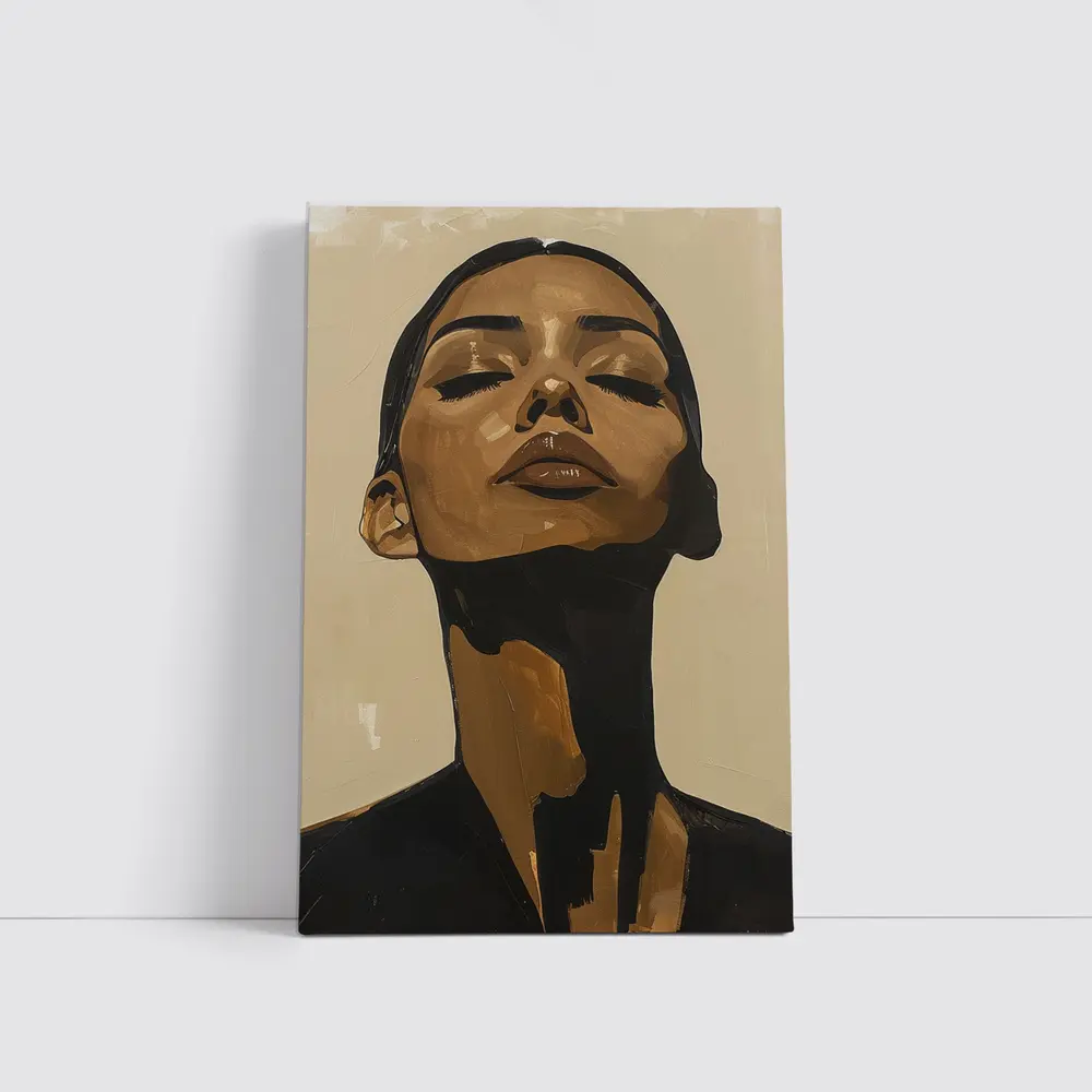 Woman Eyes Closed Beige Abstract Portrait Painting – Wall Art
