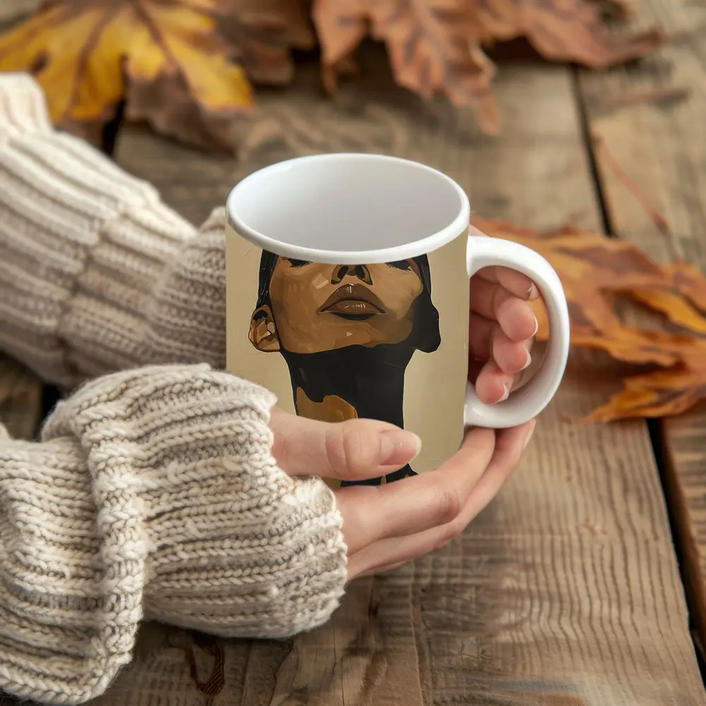 Woman Eyes Closed Beige Abstract Portrait Painting – Mugs