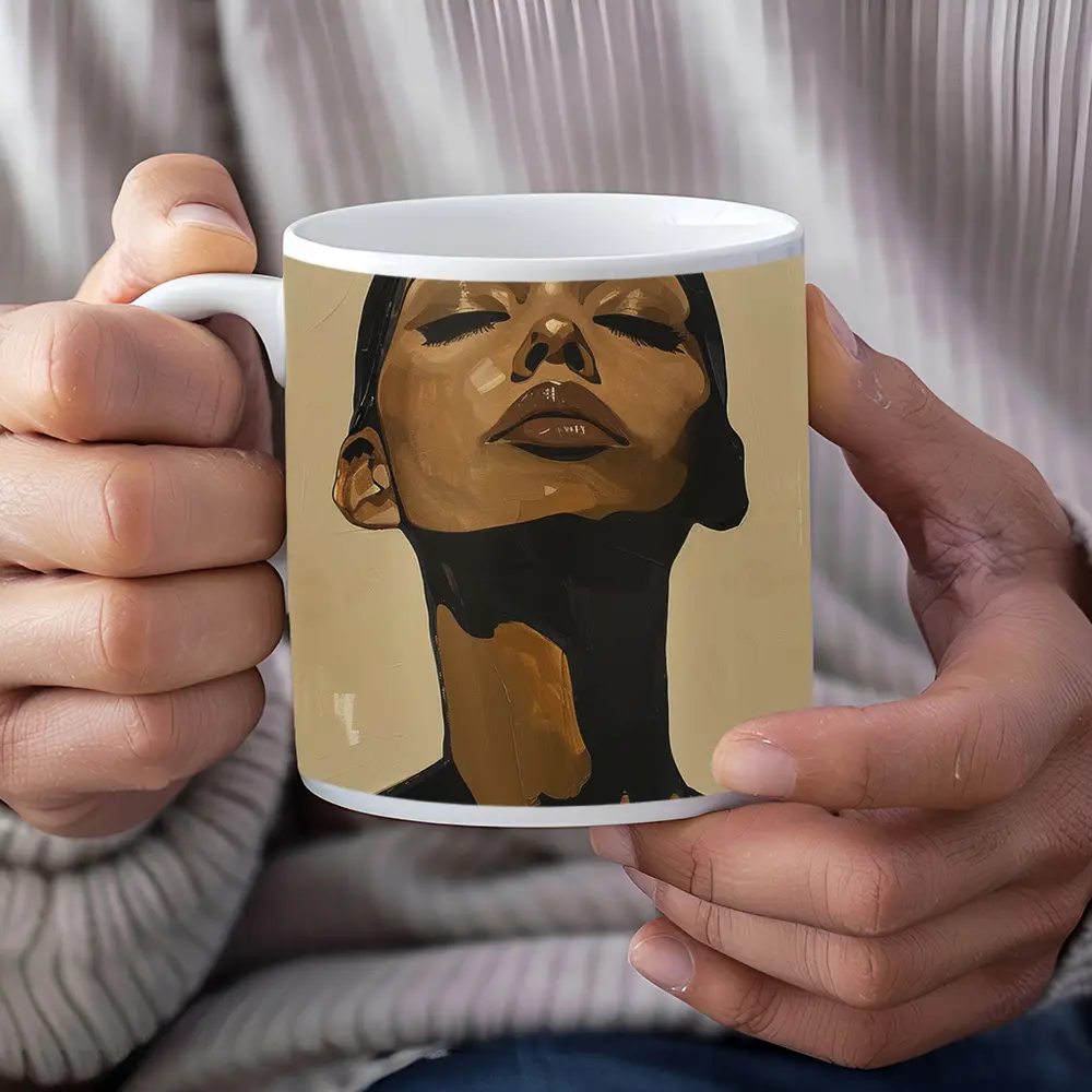 Woman Eyes Closed Beige Abstract Portrait Painting – Mugs