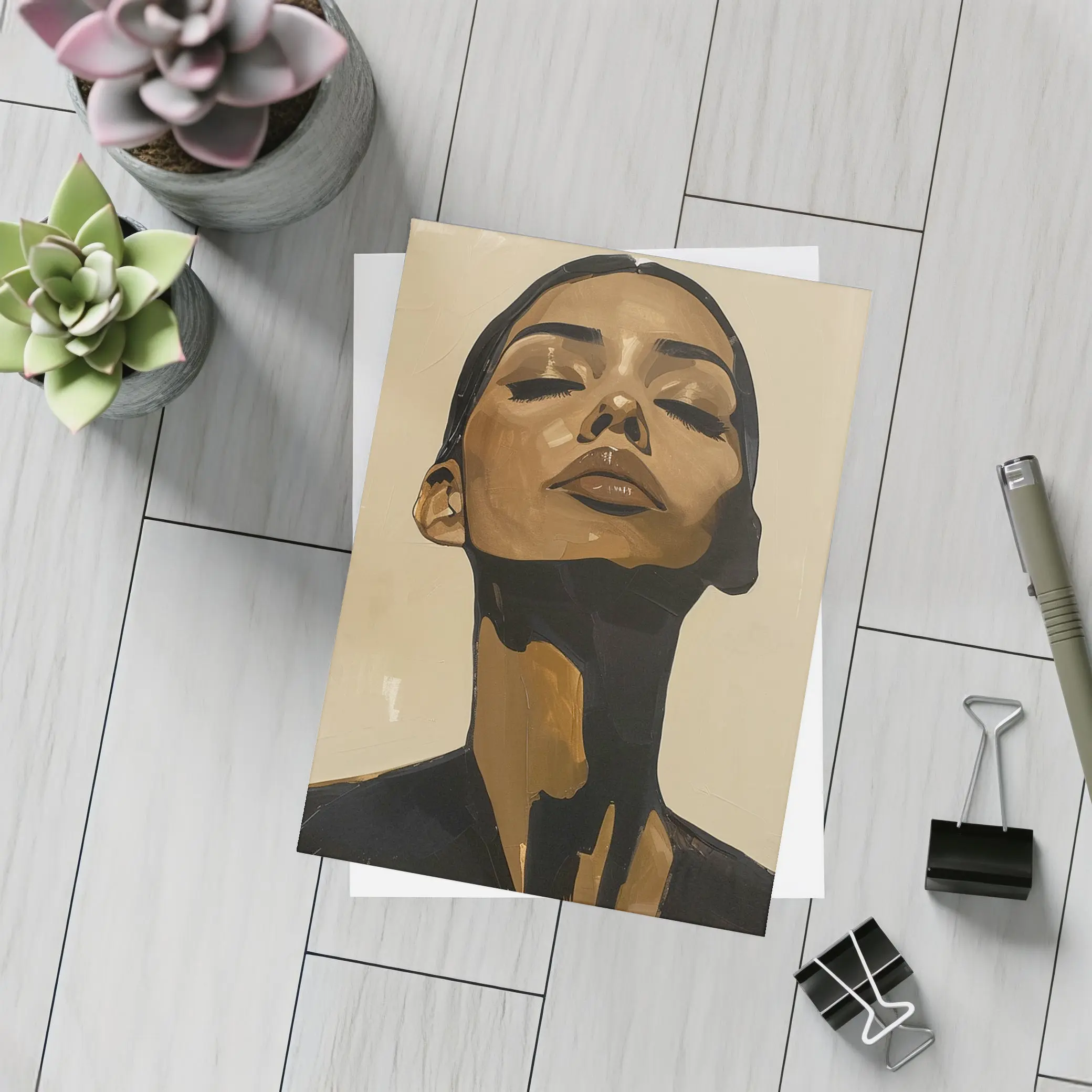 Woman Eyes Closed Beige Abstract Portrait Painting – Postcards