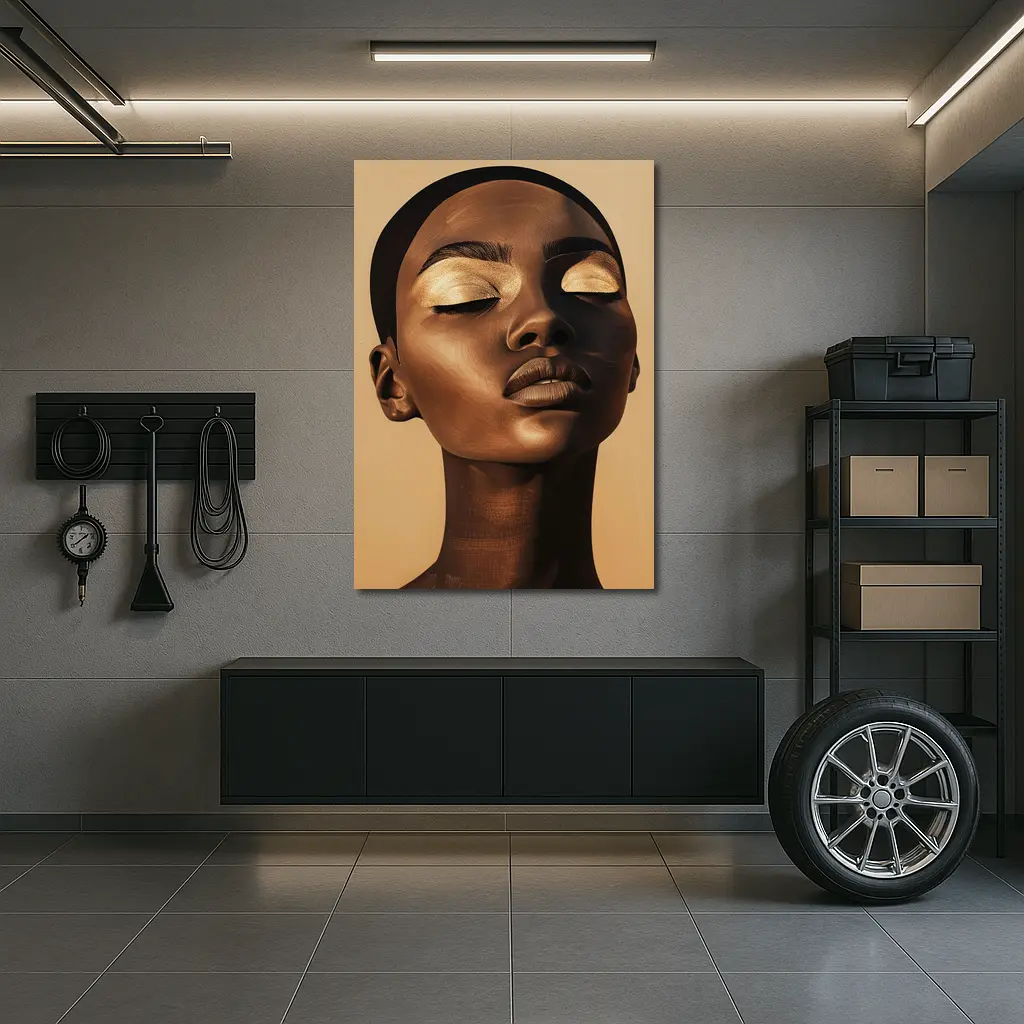 Golden Eyes Black Woman Portrait Beige Background – Wall Art