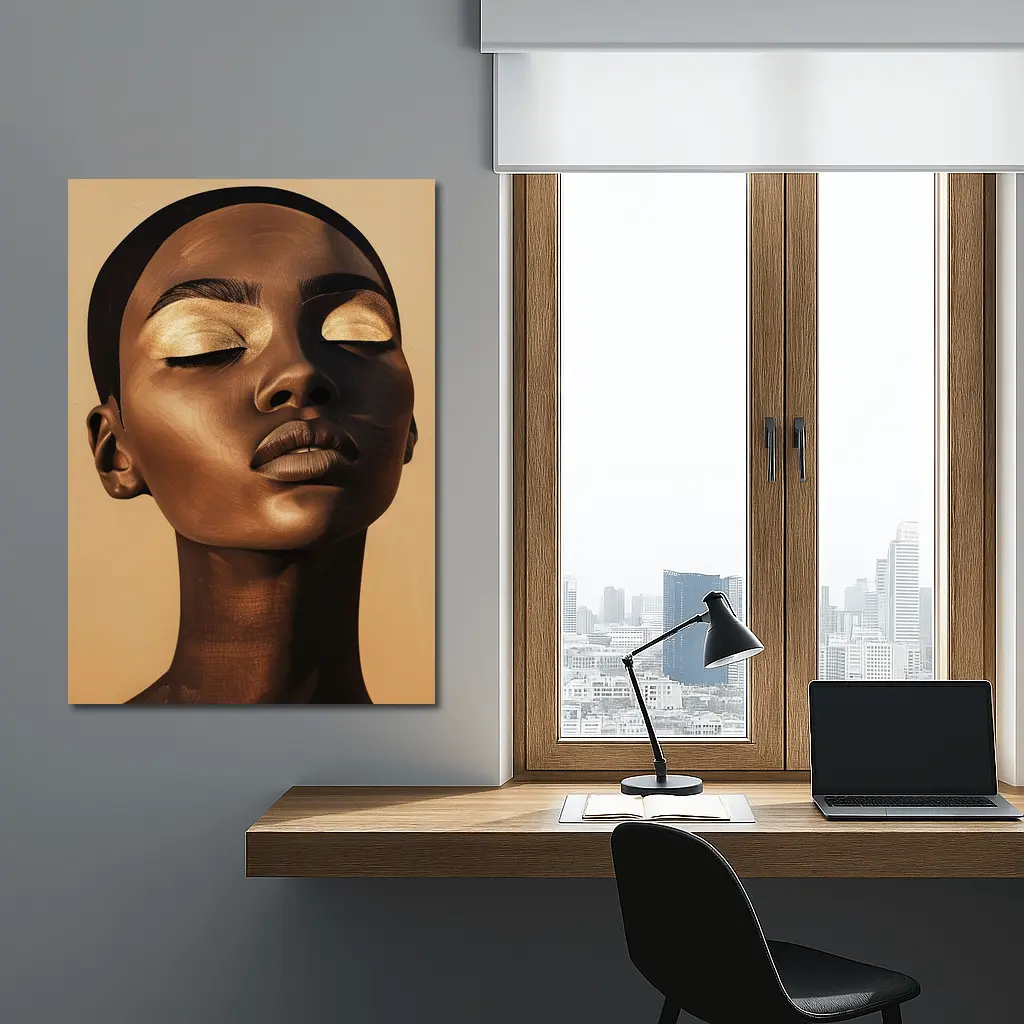Golden Eyes Black Woman Portrait Beige Background – Wall Art