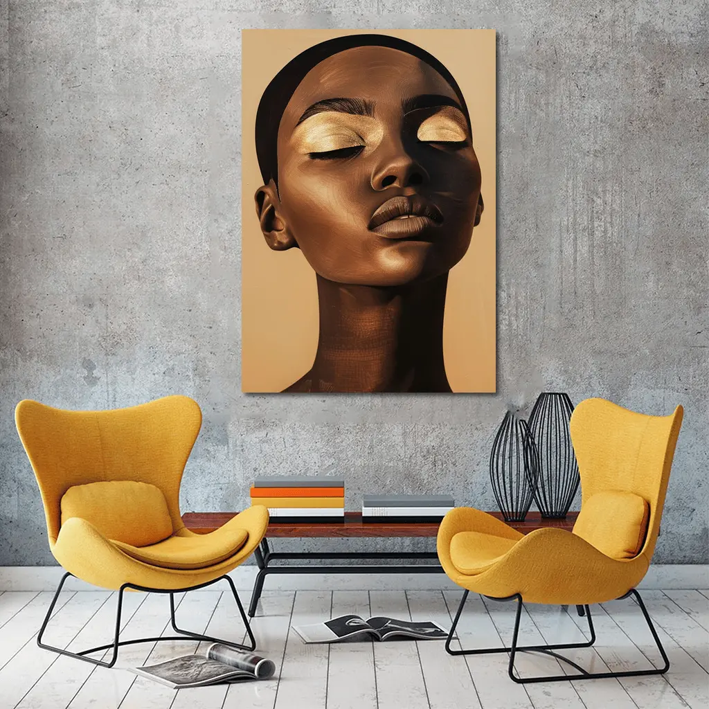 Golden Eyes Black Woman Portrait Beige Background – Wall Art