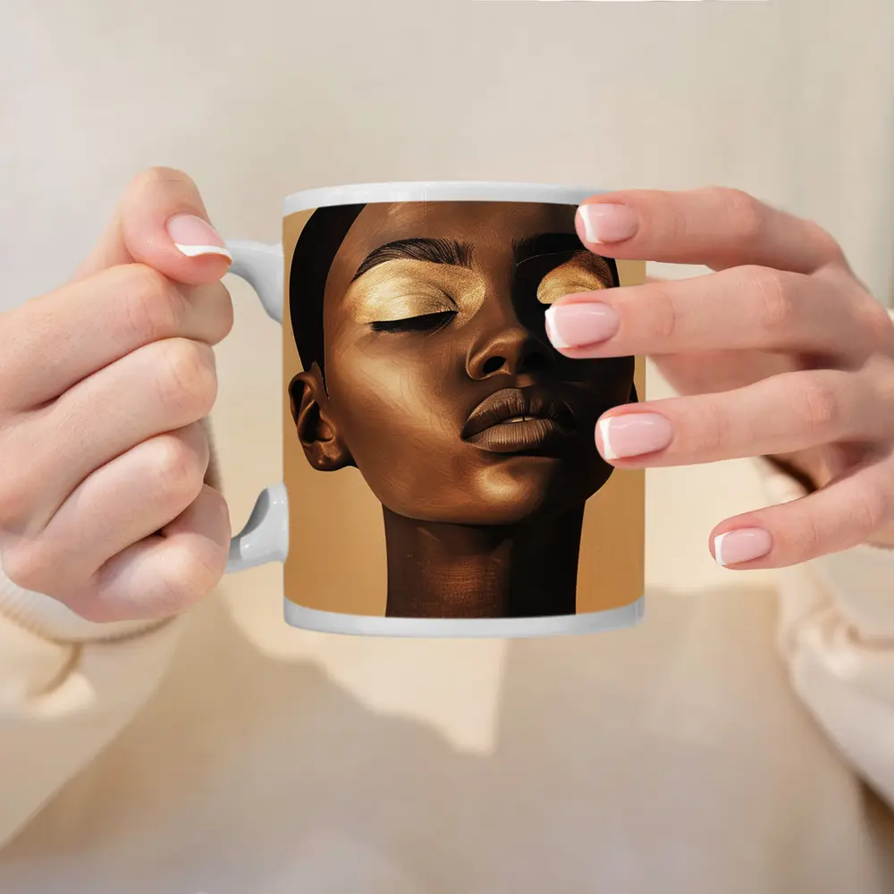 Golden Eyes Black Woman Portrait Beige Background – Mugs