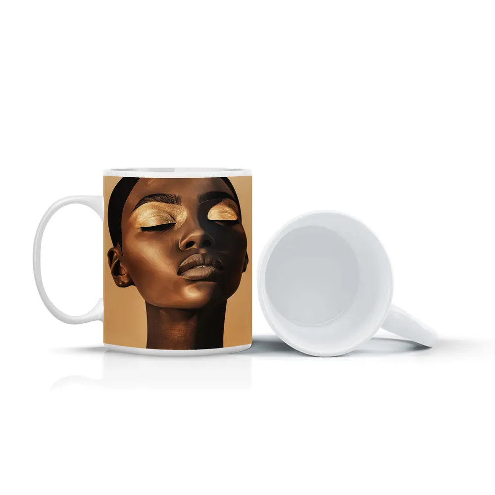 Golden Eyes Black Woman Portrait Beige Background – Mugs