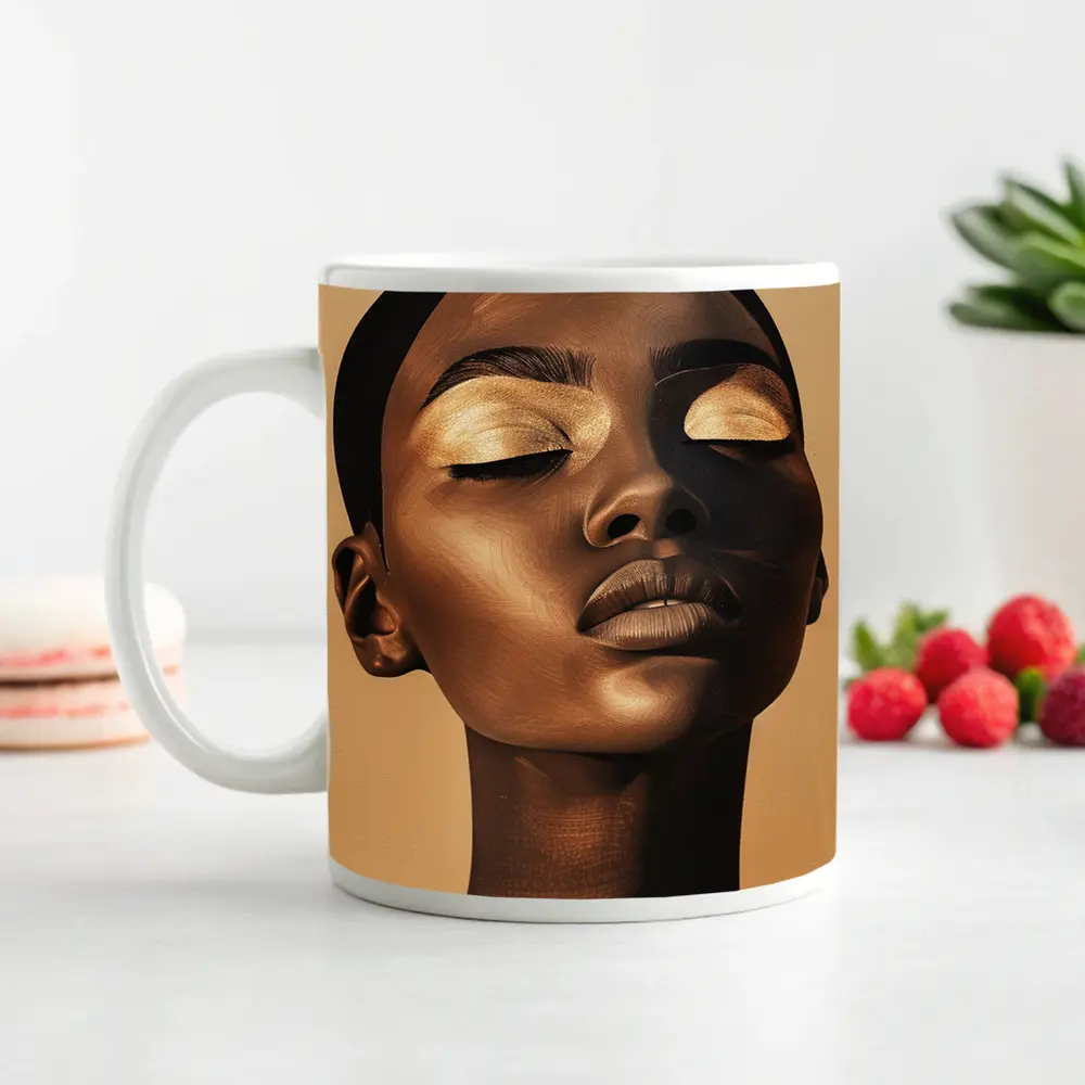 Golden Eyes Black Woman Portrait Beige Background – Mugs