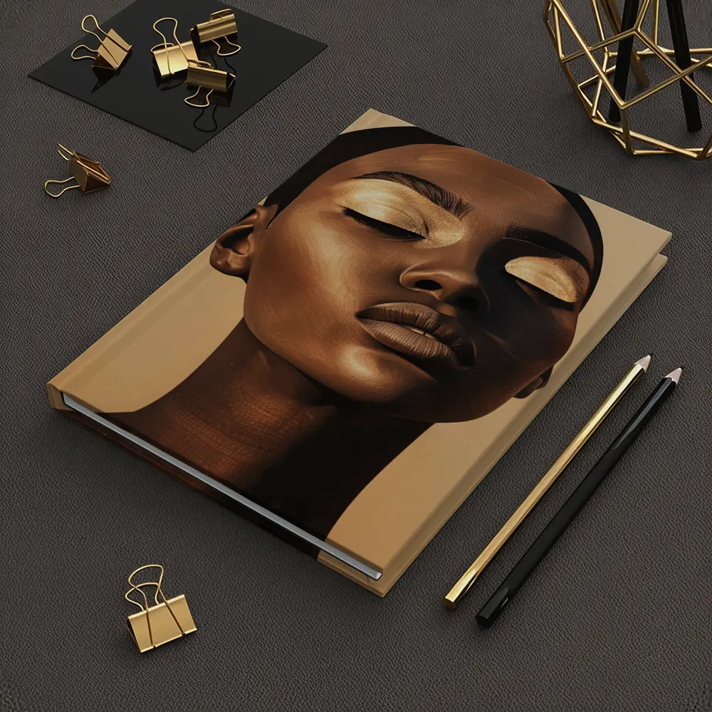 Golden Eyes Black Woman Portrait Beige Background – Notebooks