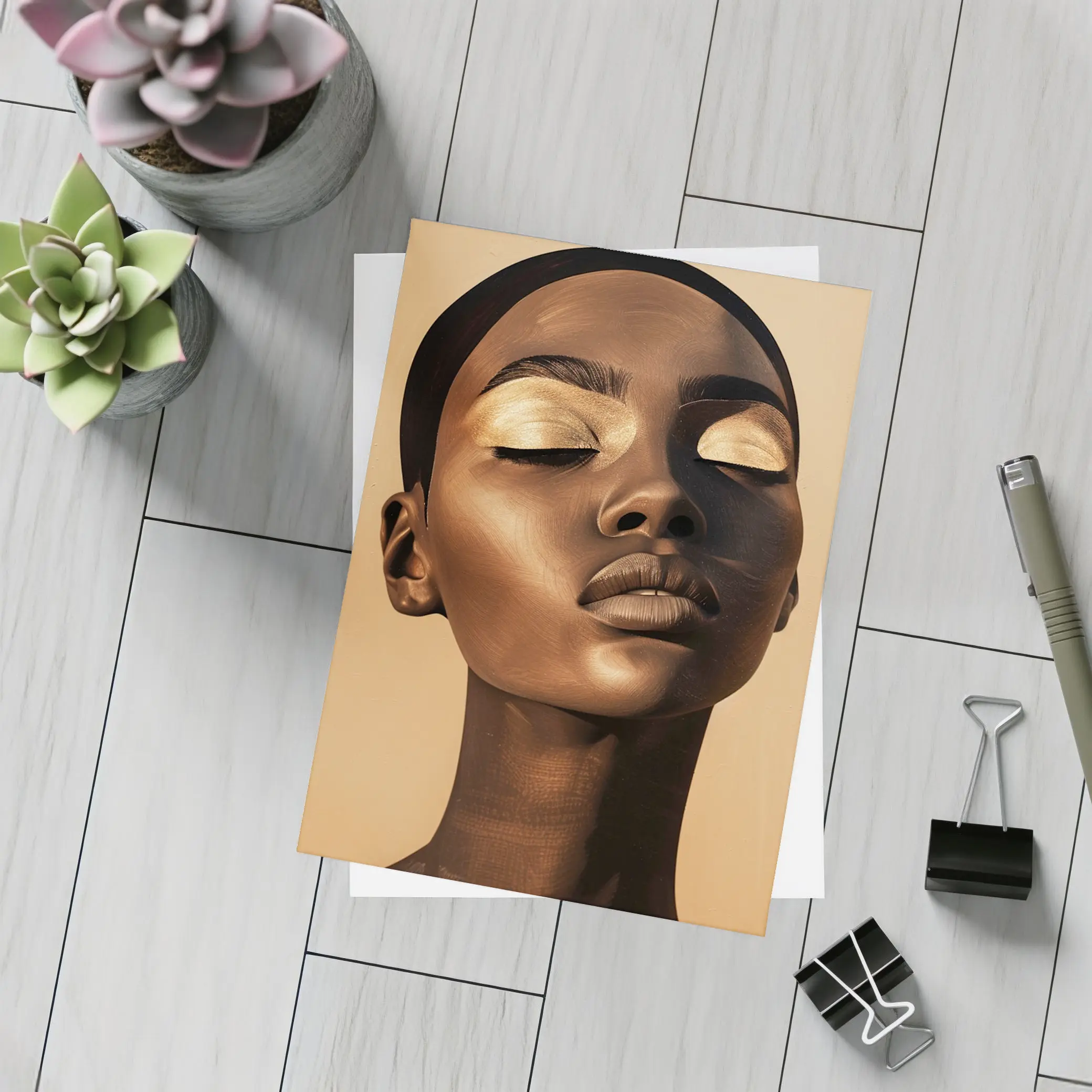 Golden Eyes Black Woman Portrait Beige Background – Postcards
