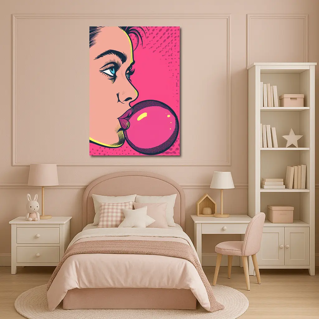 Pop Art Woman Blowing Pink Bubble Gum – Wall Art