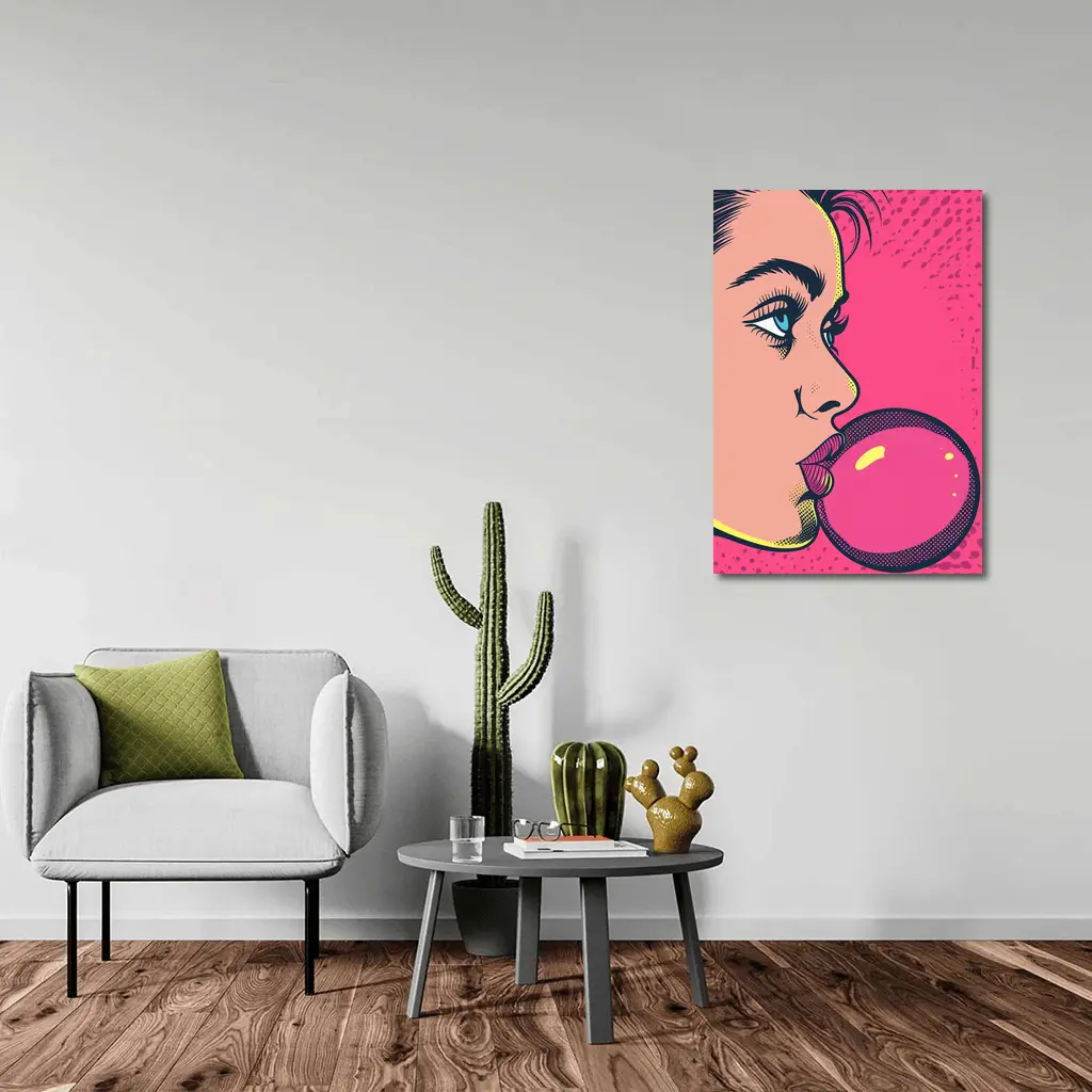 Pop Art Woman Blowing Pink Bubble Gum – Wall Art