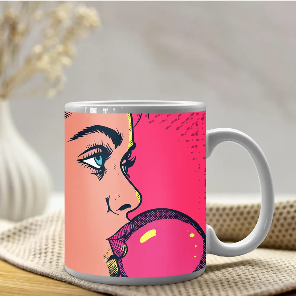 Pop Art Woman Blowing Pink Bubble Gum – Mugs