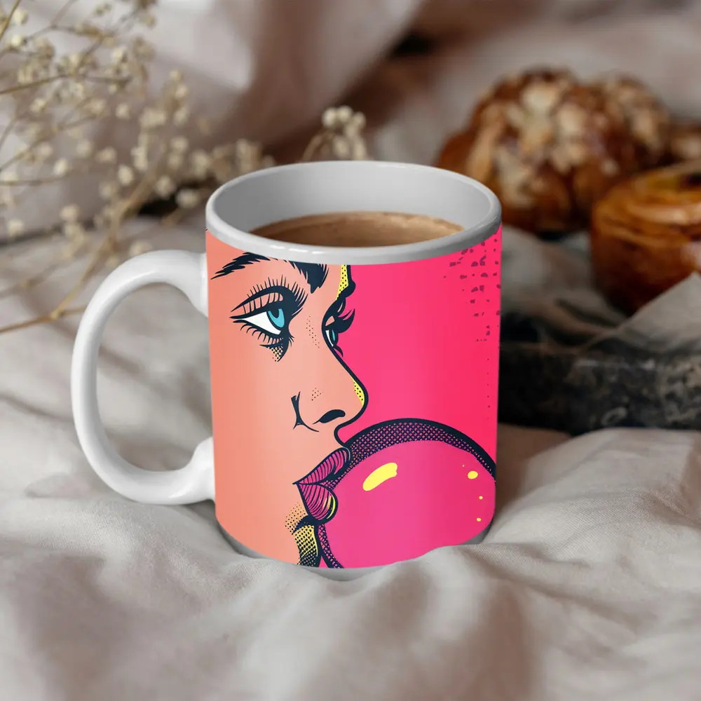 Pop Art Woman Blowing Pink Bubble Gum – Mugs