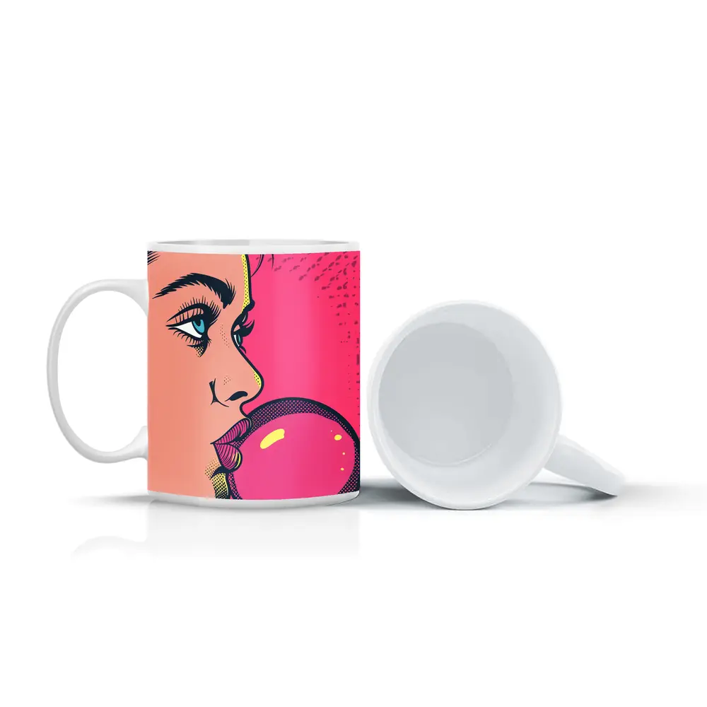 Pop Art Woman Blowing Pink Bubble Gum – Mugs