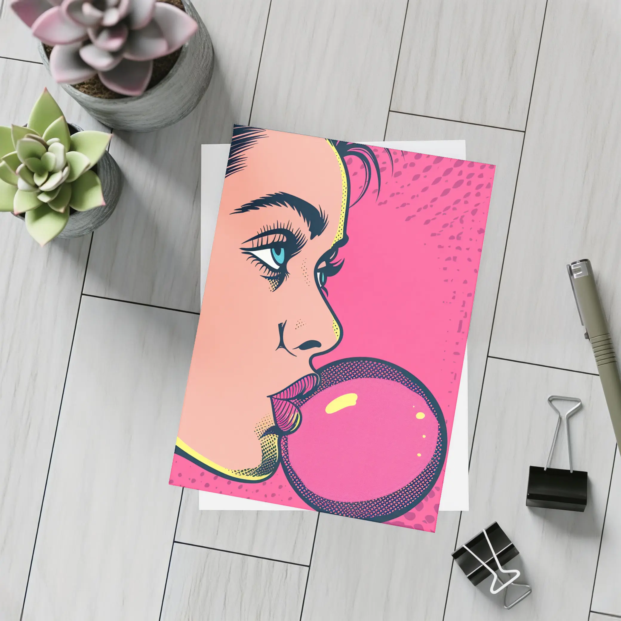 Pop Art Woman Blowing Pink Bubble Gum – Postcards