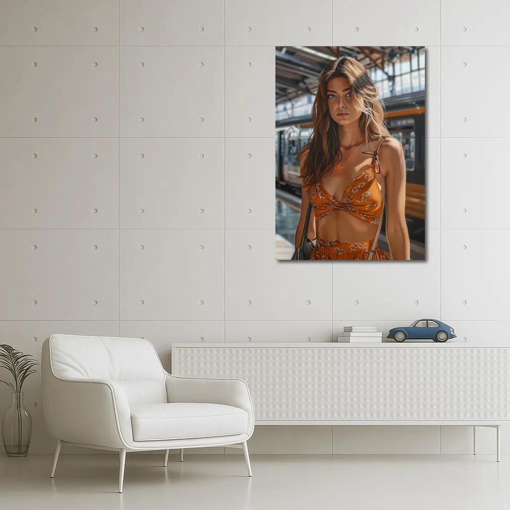 Young Woman Orange Floral Dress Train Station – Wall Art