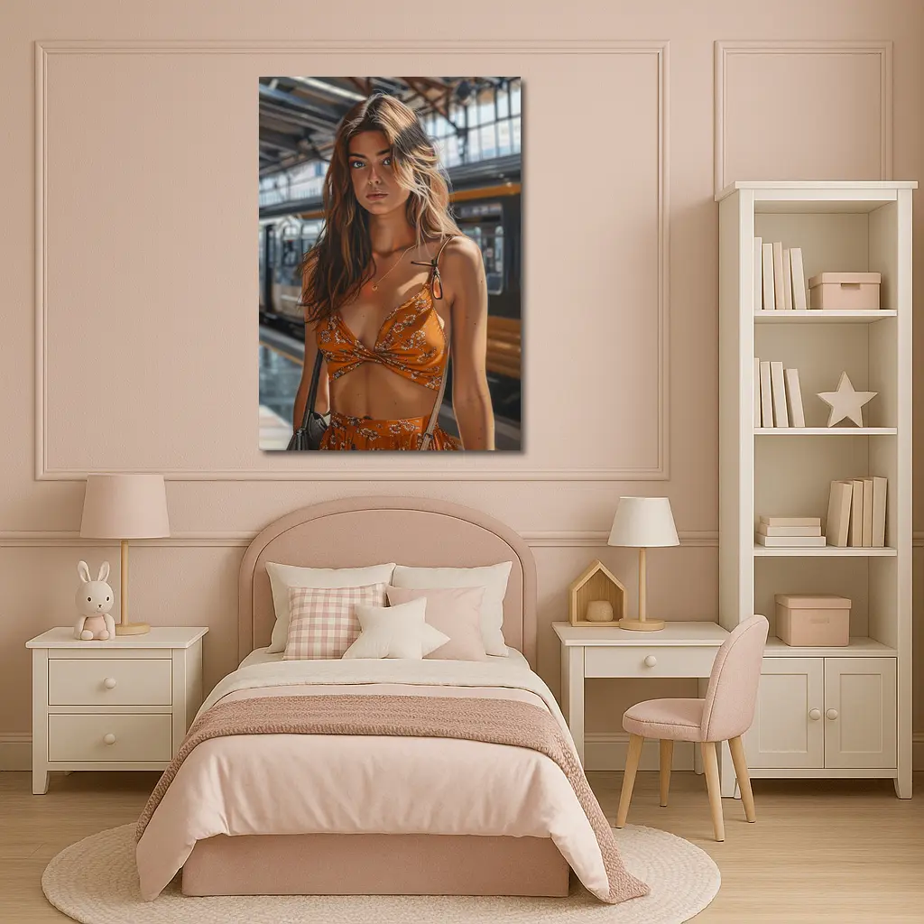 Young Woman Orange Floral Dress Train Station – Wall Art