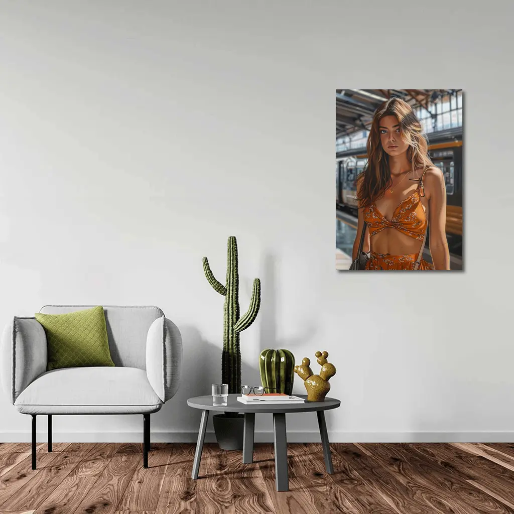Young Woman Orange Floral Dress Train Station – Wall Art