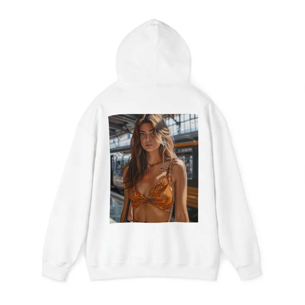 Young Woman Orange Floral Dress Train Station – Hoodies