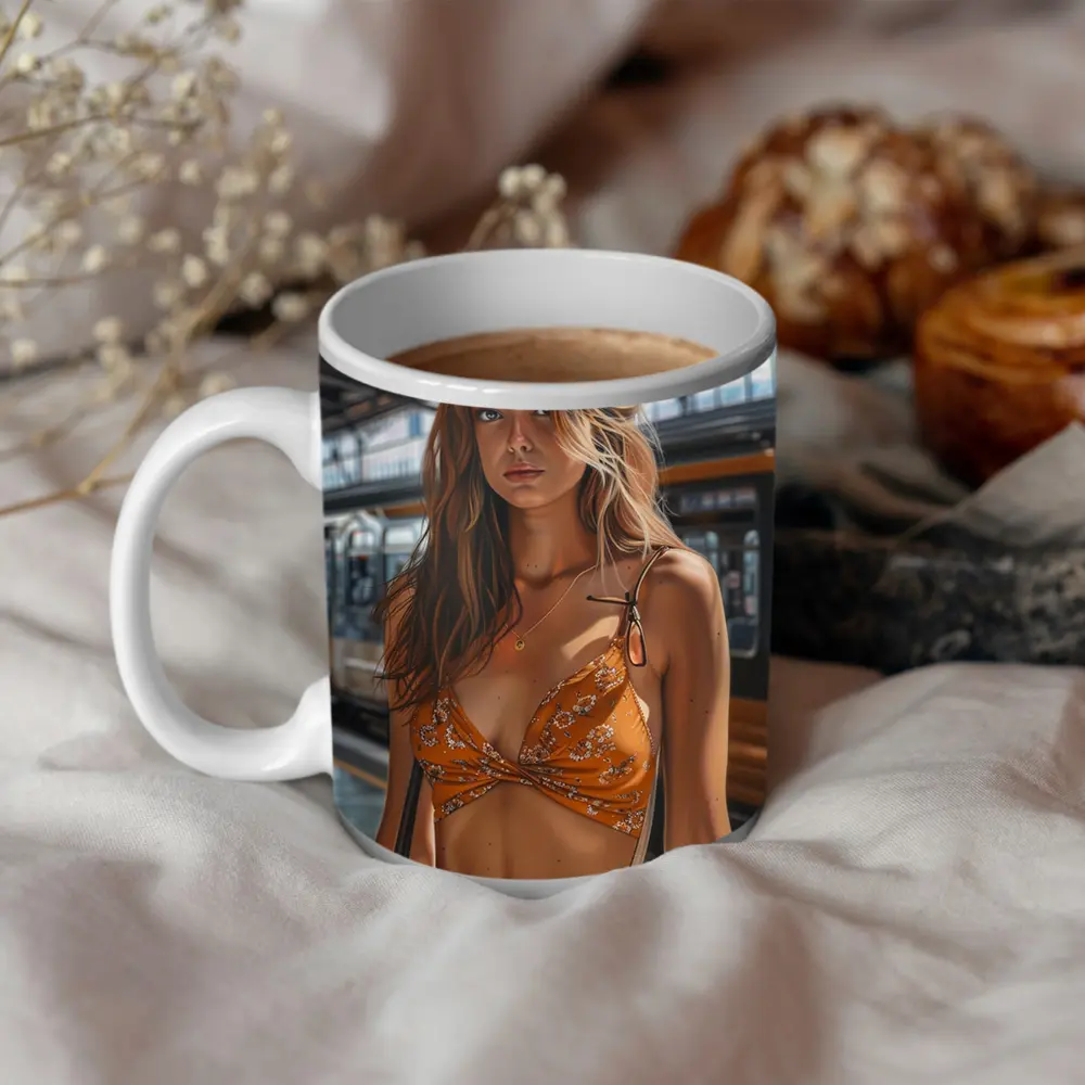 Young Woman Orange Floral Dress Train Station – Mugs