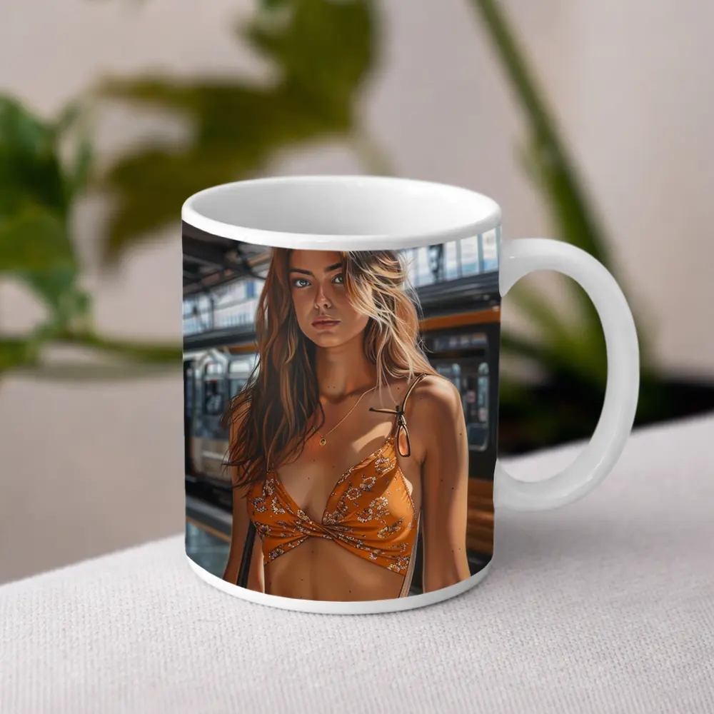 Young Woman Orange Floral Dress Train Station – Mugs