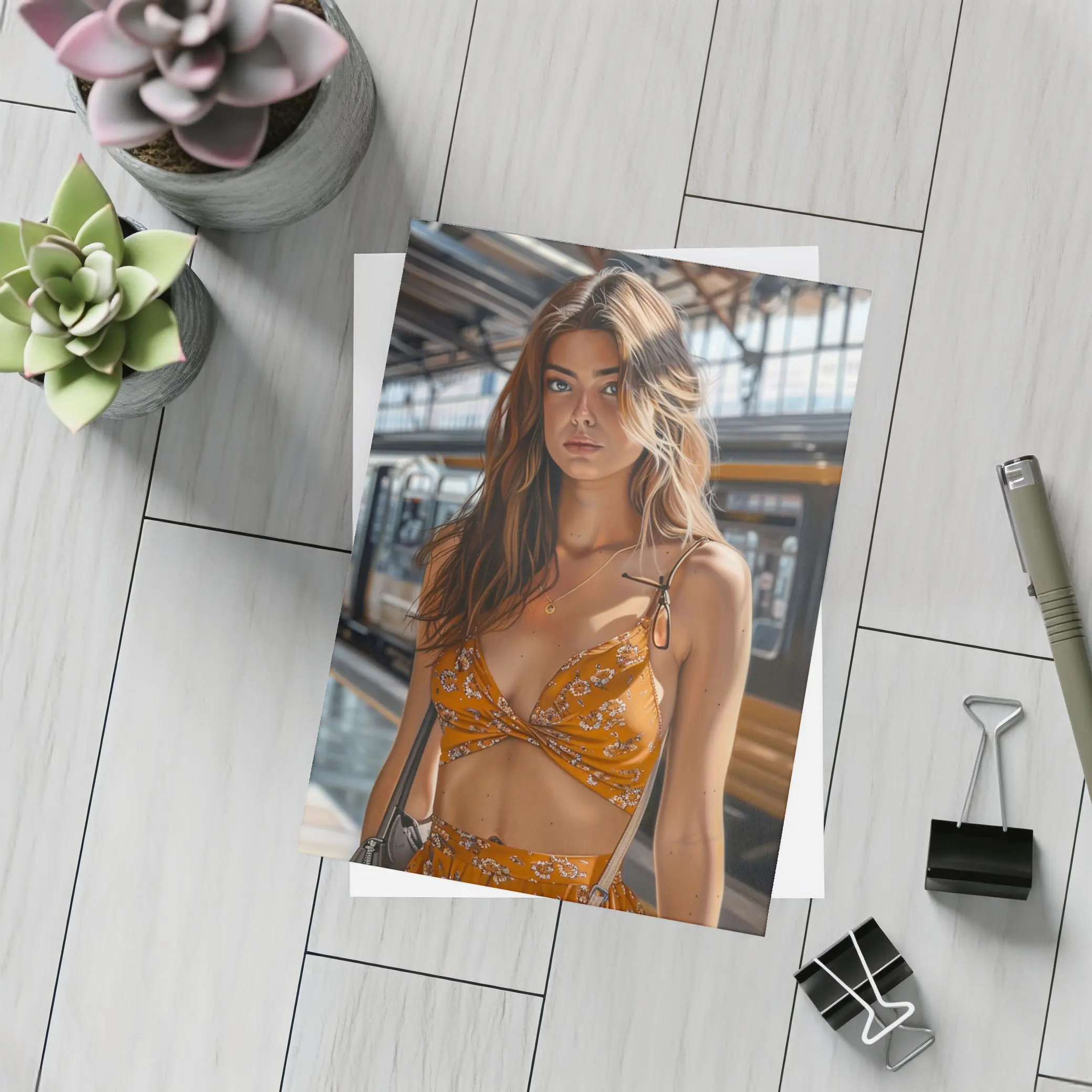 Young Woman Orange Floral Dress Train Station – Postcards